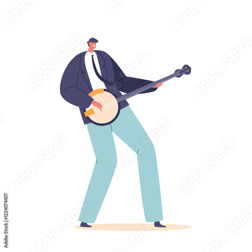 Skilled Musician Male Character Passionately Playing The Banjo, Creating Captivating Melodies With Rhythmic Strumming