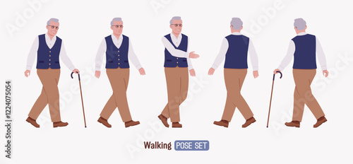 Senior man in classic vest, retro vintage glasses, walk set. University professor, lecturer, old experienced, grey hair, older elegant nice looking grandfather. Vector flat style cartoon illustration