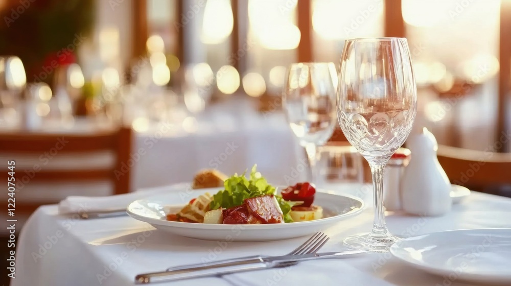 Gourmet meal beautifully plated on a white tablecloth, accompanied by wine glasses and soft natural light from sunset Gourmet meal beautifully plated on a white tablecloth, accompanied by wine glasses and soft natural light from sunset