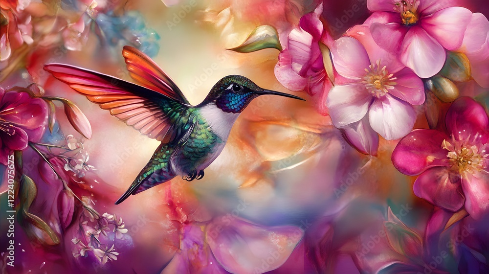 Obraz premium Colorful hummingbird in vibrant floral scene, iridescent feathers reflecting light, symbolizing beauty and nature's artistry.