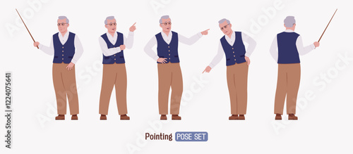 Senior man in classic vest, retro vintage glasses, pointing pose set. University professor, lecturer, old experienced, grey hair, older elegant grandfather. Vector flat style cartoon illustration