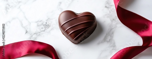 Close-up photo of a heart-shaped chocolate box with silk ribbon on a white marble surface