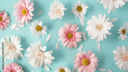 A variety of pink and white daisies are artistically scattered on a bright blue table, showcasing cheerful spring colors and delicate petals