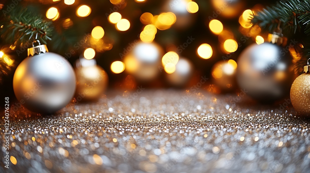 Fototapeta premium Festive Silver Ornaments Glitter Lights Christmas Decor