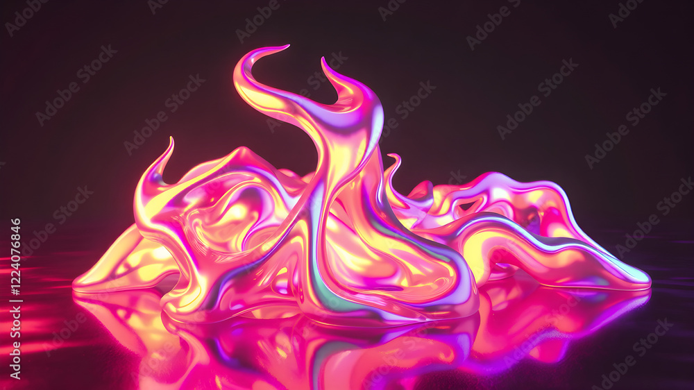 Obraz premium Reflective holographic 3D fire in Y2K style. Shiny metallic fluid surface with neon rainbow gradient. Trendy element for retro-futuristic and cyber-themed designs.