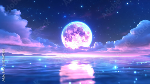Magical purple moon reflection on calm water surface with star and mystic night sky and pink cloud