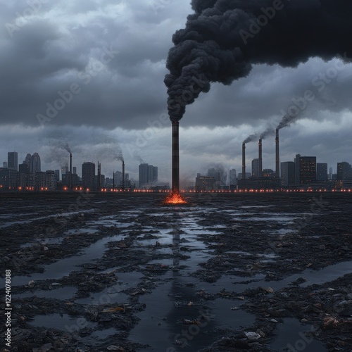 Industrial skyline with smoke and environmental impact