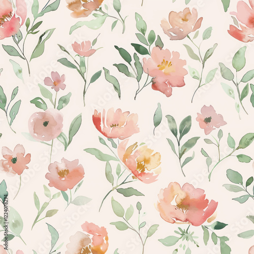 Cute blush pink and sage green floral watercolor seamless pattern. Watercolor print in rustic vintage style, textile or wallpapers.