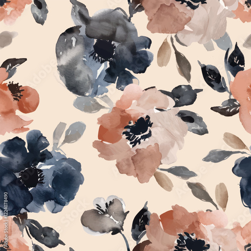 Cute blush pink and navy blue flowers watercolor seamless pattern. Watercolor print in rustic vintage style, textile or wallpapers.