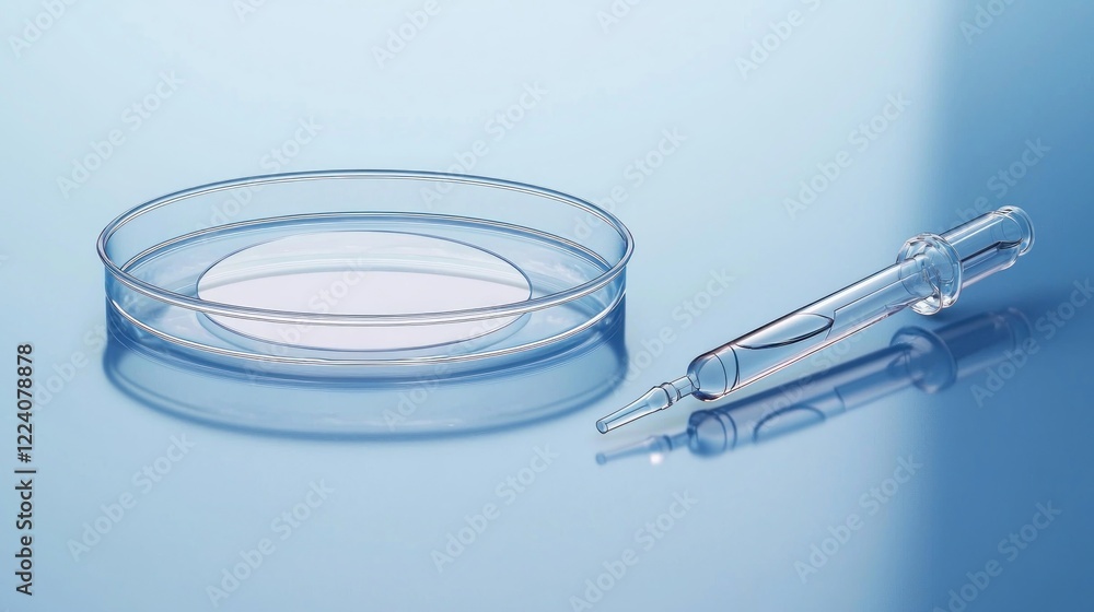 Lab Petri dish, dropper, liquid, research, science, blue background, medical, analysis, sample Lab Petri dish, dropper, liquid, research, science, blue background, medical, analysis, sample