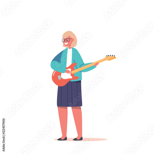 Musician Girl Playing Electric Guitar at Lesson in Musical School or Talent Show, Kid Character Prepare to Performance