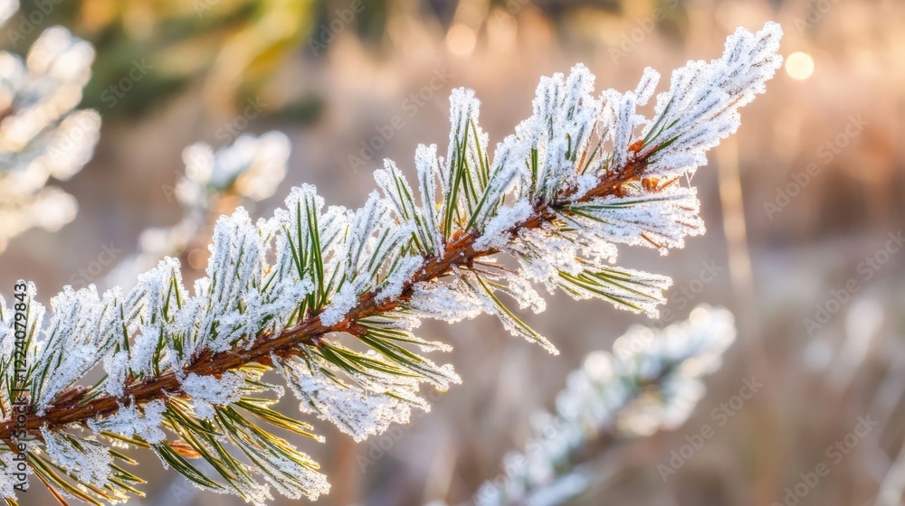 Frost clings to a pine branch, highlighting the delicate beauty of winter in a tranquil forest at dawn Frost clings to a pine branch, highlighting the delicate beauty of winter in a tranquil forest at dawn