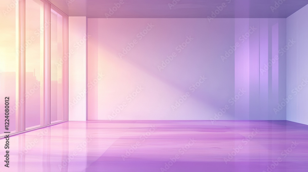 Futuristic empty room with lilac ombre wall and flooring, a neon vector banner in the background with abstract digital and product-themed elements. Futuristic empty room with lilac ombre wall and flooring, a neon vector banner in the background with abstract digital and product-themed elements.