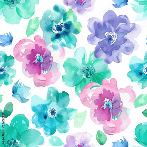 Cute pastel floral pattern in shades of purple, teal, and pink with large flowers watercolor seamless pattern. Watercolor print in rustic vintage style, textile or wallpapers.