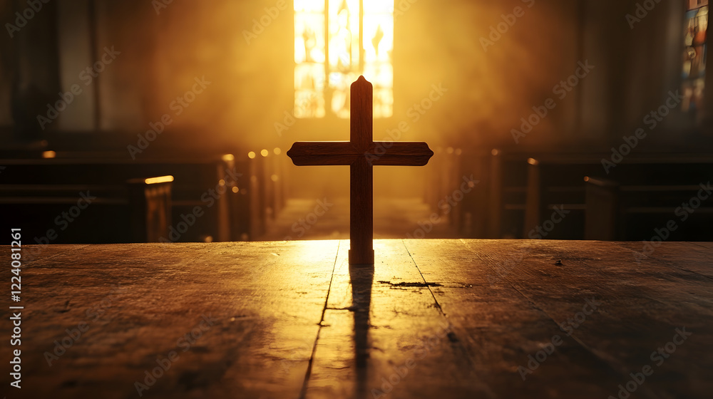 Naklejka premium Silhouette of a Cross in Church Against Glowing Light Symbolizing Faith and Rebirth : Generative AI