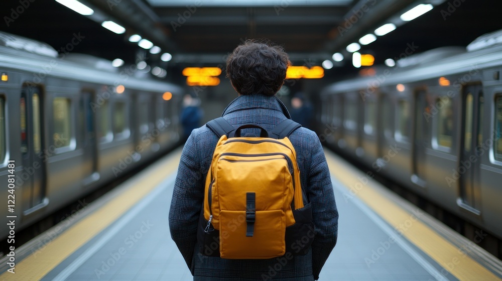 Subway Traveler: A lone figure with an orange backpack awaits their train on a platform. Subway Traveler: A lone figure with an orange backpack awaits their train on a platform.