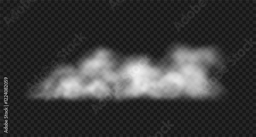 Vector realistic fluffy steam cloud, fog, haze or smoke. White foggy cloud isolated on transparent background