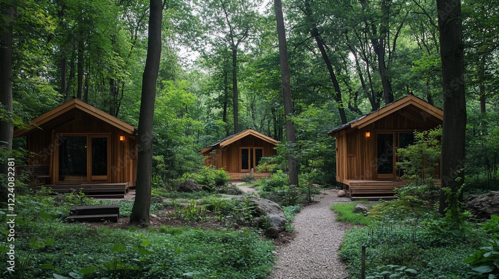 Enchanting wooden cabins nestled in a serene and lush forest setting Enchanting wooden cabins nestled in a serene and lush forest setting