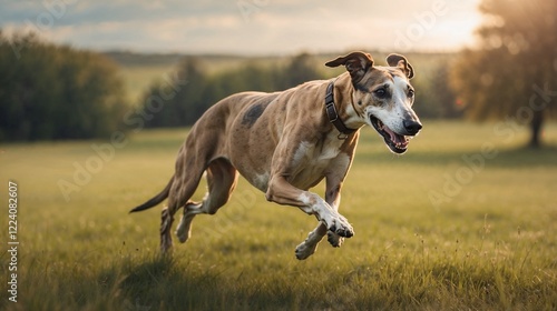 A sleek Greyhound racing gracefully through a grassy field, its powerful legs in motion. photo