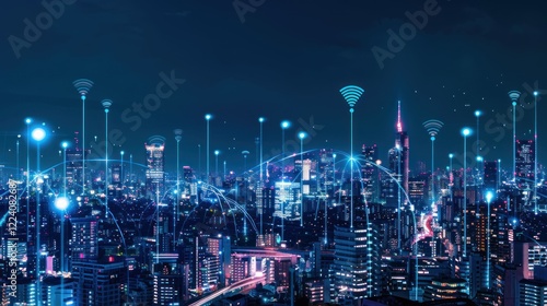 Wallpaper Mural Night city skyline, wireless network, data flow, futuristic technology, connection Torontodigital.ca