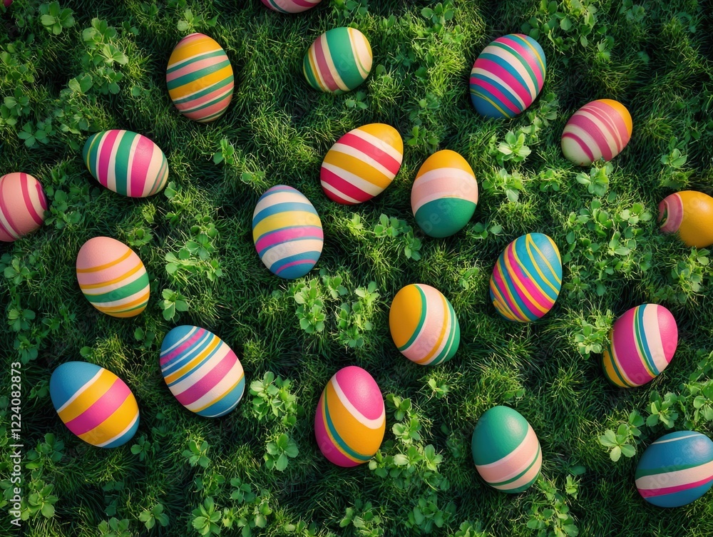 A bunch of colorful eggs are scattered on a green field. The eggs are striped and come in a variety of colors, including yellow, green, and pink. Concept of joy and celebration A bunch of colorful eggs are scattered on a green field. The eggs are striped and come in a variety of colors, including yellow, green, and pink. Concept of joy and celebration