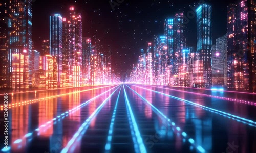 Neon city highway at night, futuristic cityscape, glowing road