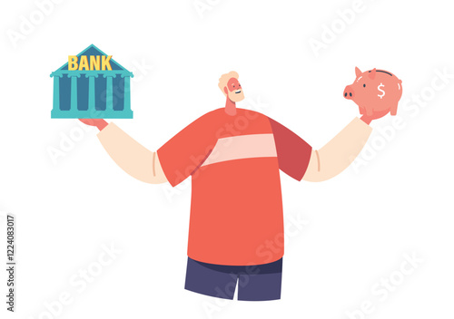 Financial Choice between Bank Deposit and Keeping Money at Home. Senior Man Character. Cartoon Vector Illustration