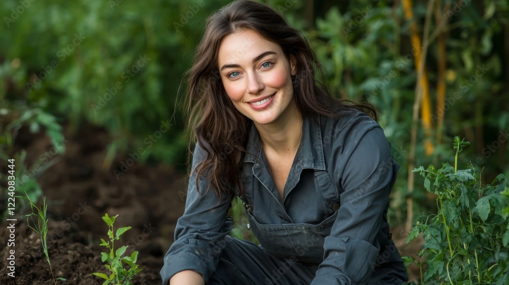 Gardening action by smiling woman home garden portrait photography natural light close-up sustainable living Gardening action by smiling woman home garden portrait photography natural light close-up sustainable living