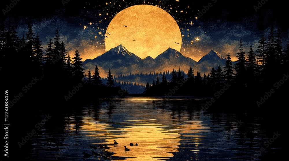 Obraz premium Enchanting full moon over mountain lake with silhouetted trees and birds at night