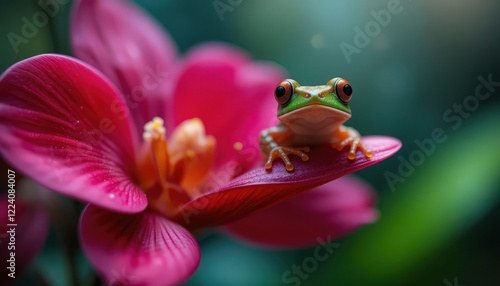 A Tiny Tree Frog Perched on a Vibrant Pink Orchid
