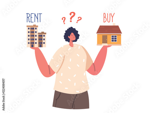 Financial Choice between Buying and Rent Apartment Isolated on White Background. Cartoon People Vector Illustration