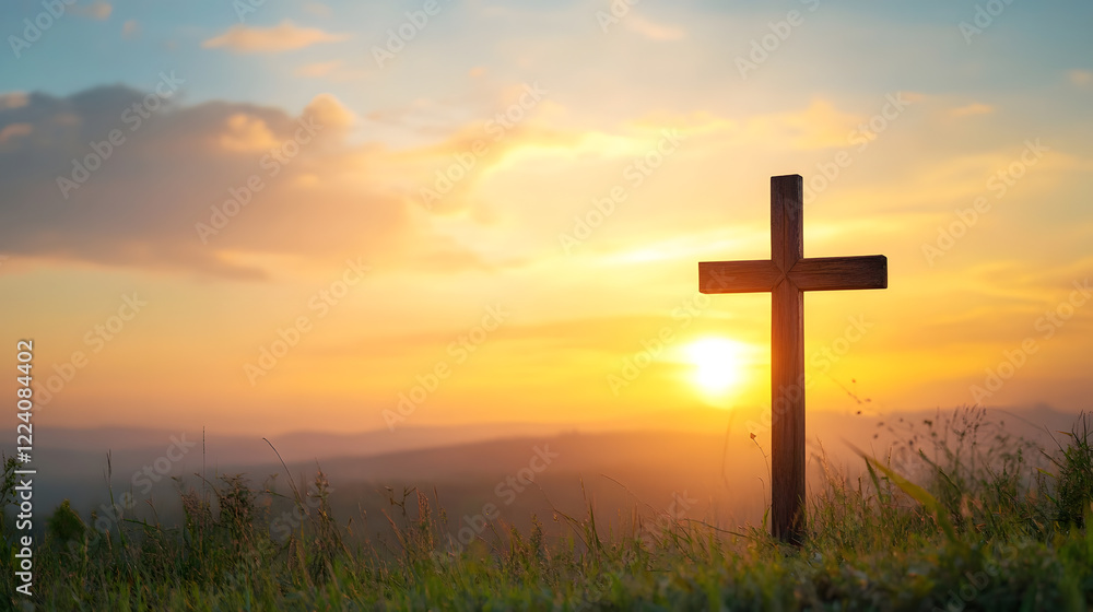 Hopeful Wooden Cross at Sunrise over Lush Green Fields Promising New Beginnings and Peace : Generative AI Hopeful Wooden Cross at Sunrise over Lush Green Fields Promising New Beginnings and Peace : Generative AI