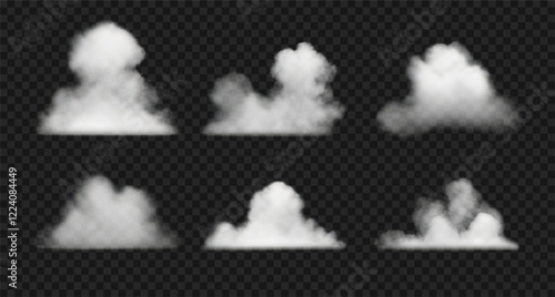 Realistic white vector clouds, water haze, smoke on sky. Set of steam clouds, fog isolated on transparent background. 