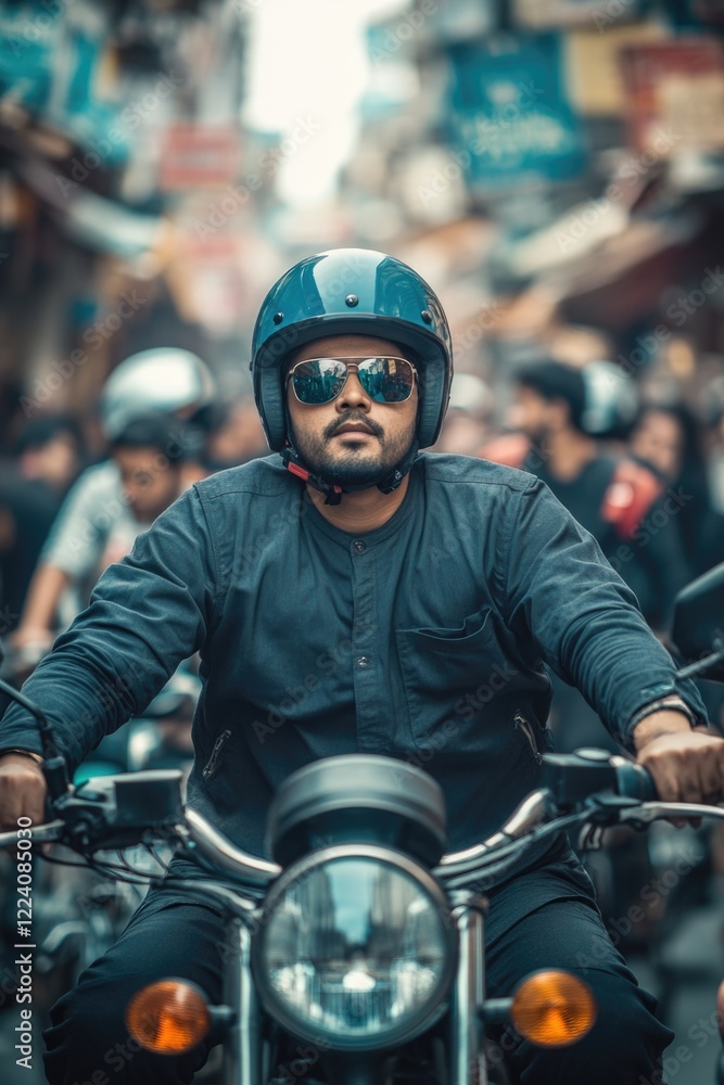 A man wearing a blue helmet is riding a motorcycle in a busy street. The man is wearing sunglasses and a black shirt A man wearing a blue helmet is riding a motorcycle in a busy street. The man is wearing sunglasses and a black shirt