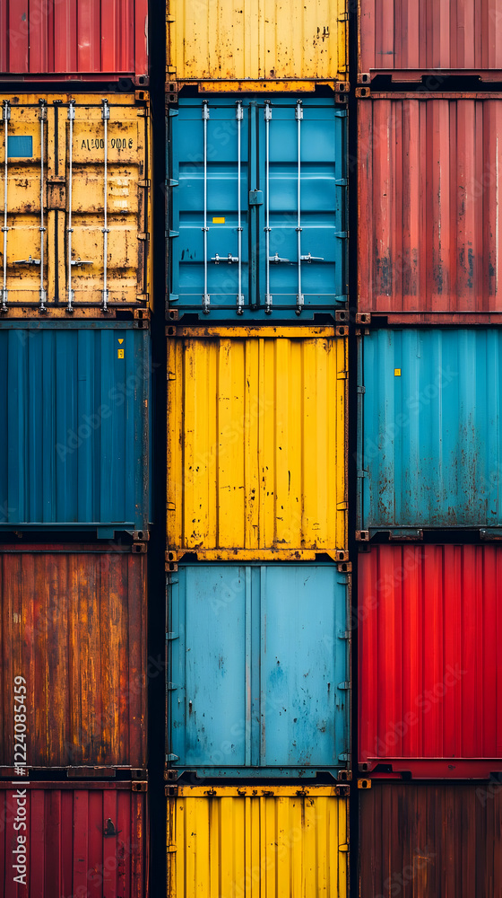Fototapeta premium Colorful shipping containers stacked, port, logistics