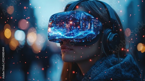 A young woman immersed in virtual reality, wearing a futuristic VR headset reflecting a glowing digital cityscape, surrounded by vibrant neon lights and a dynamic atmosphere.