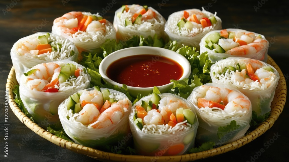 A plate of food with shrimp and vegetables. The plate is on a table. The food is arranged in a circle A plate of food with shrimp and vegetables. The plate is on a table. The food is arranged in a circle