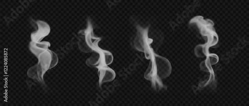 Wavy smoke on water, tea, coffee, food. Realistic white swirl hot smoke isolated on transparent backdrop