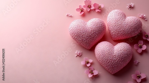 Valentine's day greeting card with pink paper hearts and soft background, colorful flat lay composition for february 14th celebration