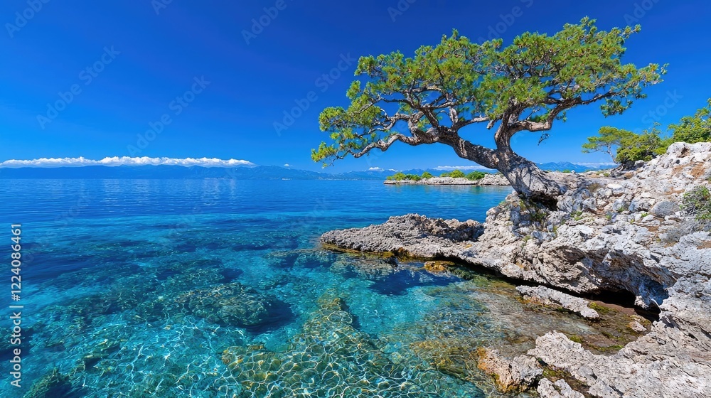 Coastal tree, azure sea, summer, tranquil scene, travel poster Coastal tree, azure sea, summer, tranquil scene, travel poster