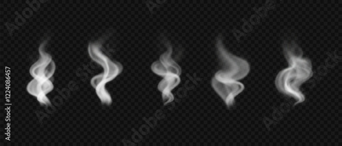 Realistic incense smoke. Set of vector design elements. White swirl steam or fog from hot food, liquid, cigarettes