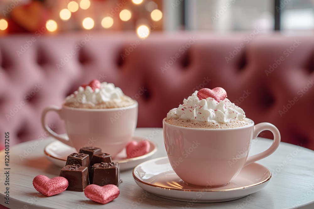 Two Pink Cups Of Whipped Hot Chocolate With Chocolates Two Pink Cups Of Whipped Hot Chocolate With Chocolates