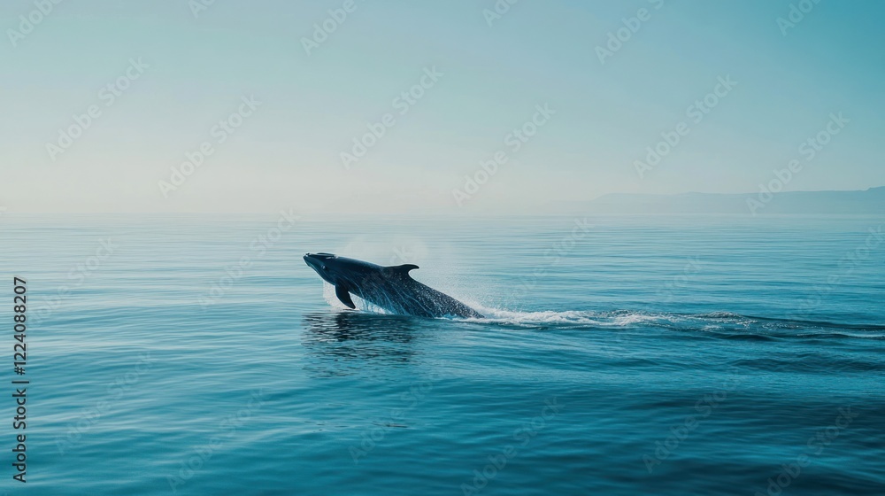 Fototapeta premium A whale breaching the surface of calm waters, showcasing marine wildlife in action.