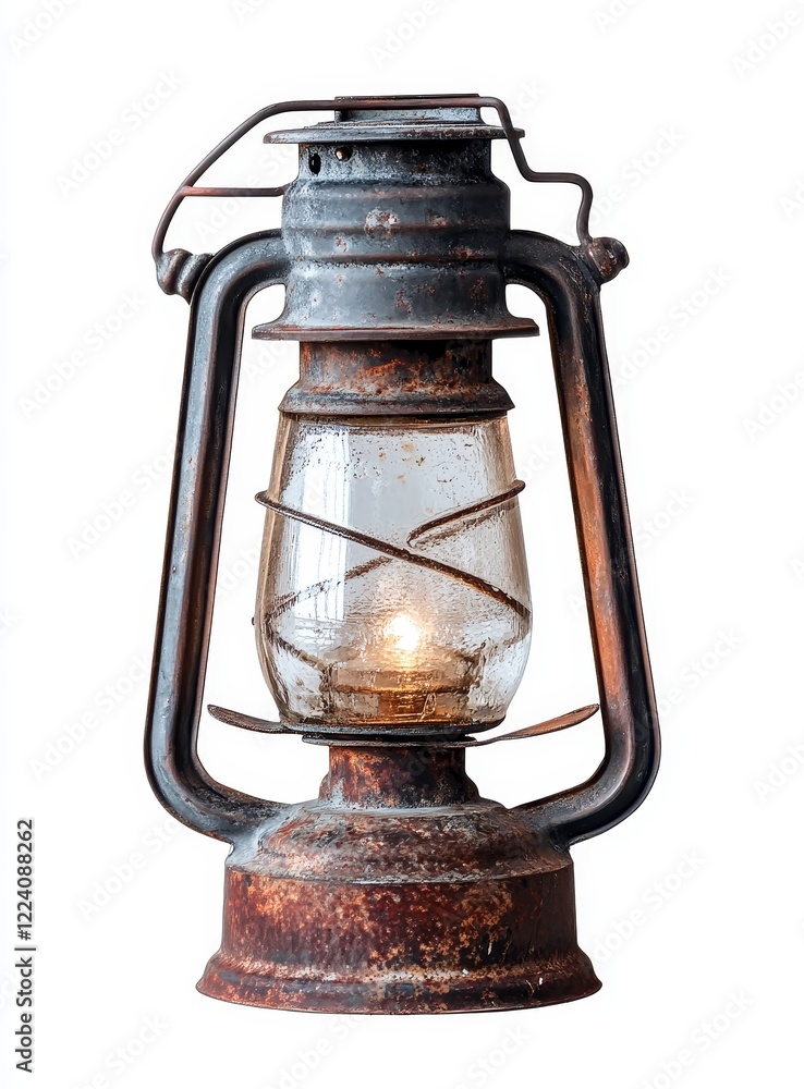 Rusty antique oil lantern with lit flame. Rusty antique oil lantern with lit flame.