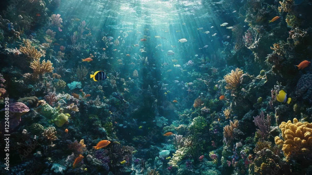 Vibrant coral reef teeming with fish, sun rays, underwater ocean life, nature documentary Vibrant coral reef teeming with fish, sun rays, underwater ocean life, nature documentary