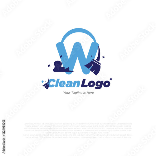 w initial letter combine with broom for cleaning service, house maintenance, repair, housecleaning, logo vector template concept