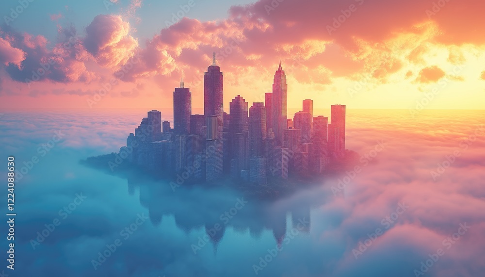 Fototapeta premium Air Pollution City Skyline Floating in Fog at Sunset with Pink Clouds