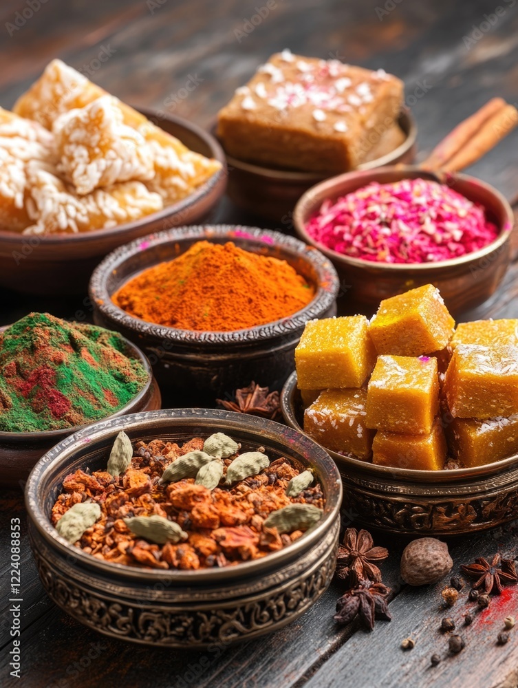 Obraz premium A variety of spices and candies are displayed in bowls on a wooden table. The bowls are arranged in a way that creates a sense of abundance and variety. The spices and candies are of different colors