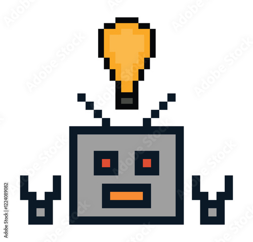 Cute pixel cartoon 8 bit character robot or AI pixel 8 bit generative tool learn AI technology robot for education calculate chat bot decoration 8bit vector.