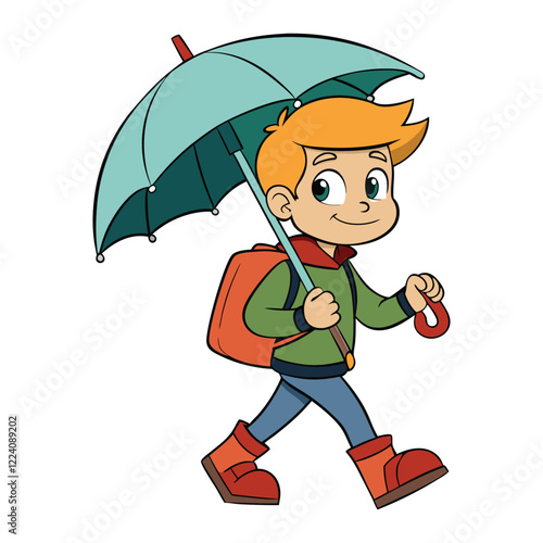 Cartoon boy walking with umbrella and backpack on a rainy day